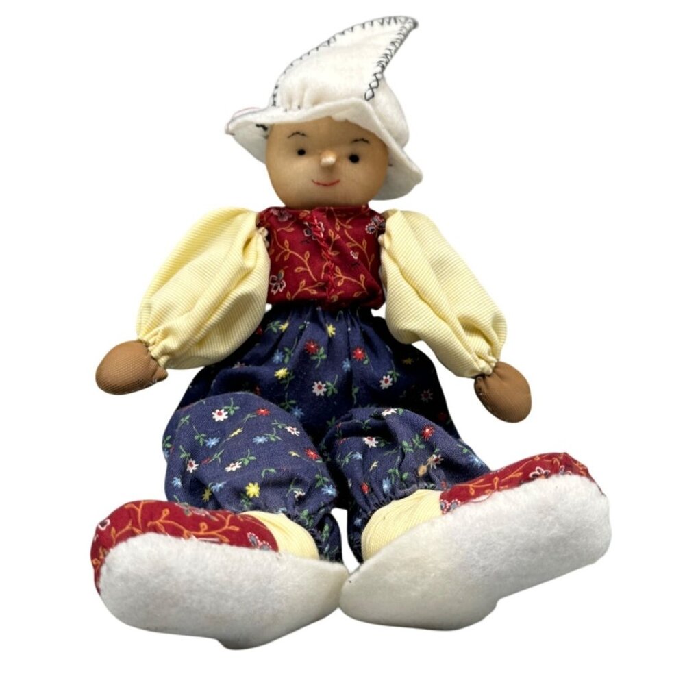 Handmade Fabric Rag Doll With Floral Patterned Clothes & White Felt Hat 12" READ